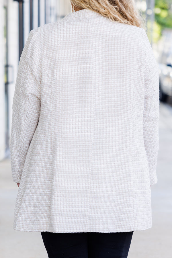 Chic Soul plus size clothing, beige fitted jacket with subtle plaid pattern 