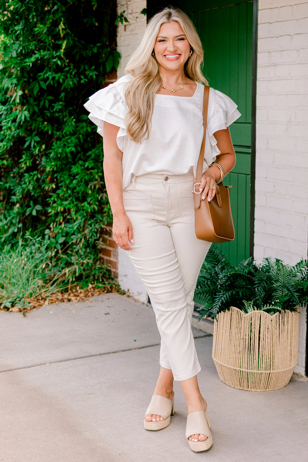Chic Soul Plus size clothing, cream capri pants with two front pockets 
