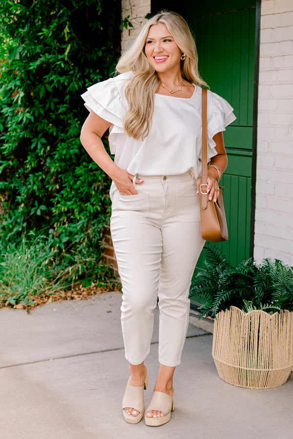 Chic Soul Plus size clothing, cream capri pants with two front pockets 
