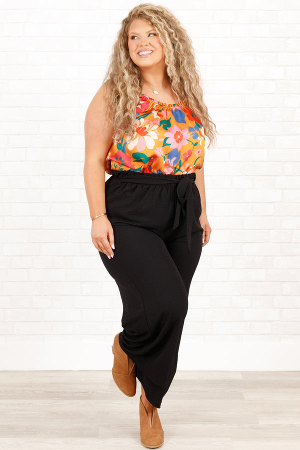 Chic Soul plus size clothing, orange and multi colored floral patterned tank top with rouching detail on neckline