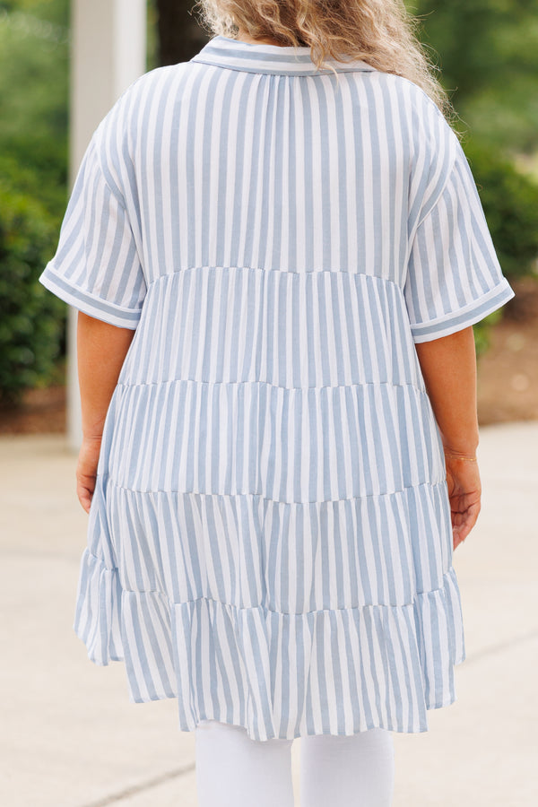 Chic Soul plus size clothing, blue and white striped babydoll style flowy top with a collar