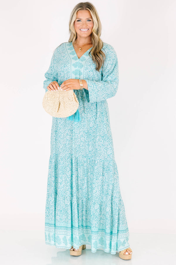 Chic Soul plus size clothing, long sleeve mint paisley print maxi dress with waist tie