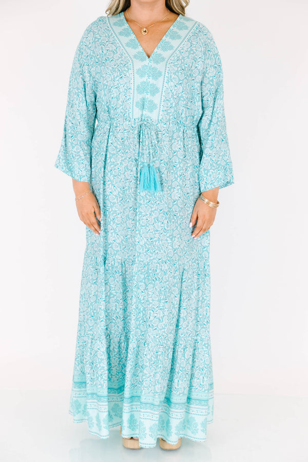 Chic Soul plus size clothing, long sleeve mint paisley print maxi dress with waist tie