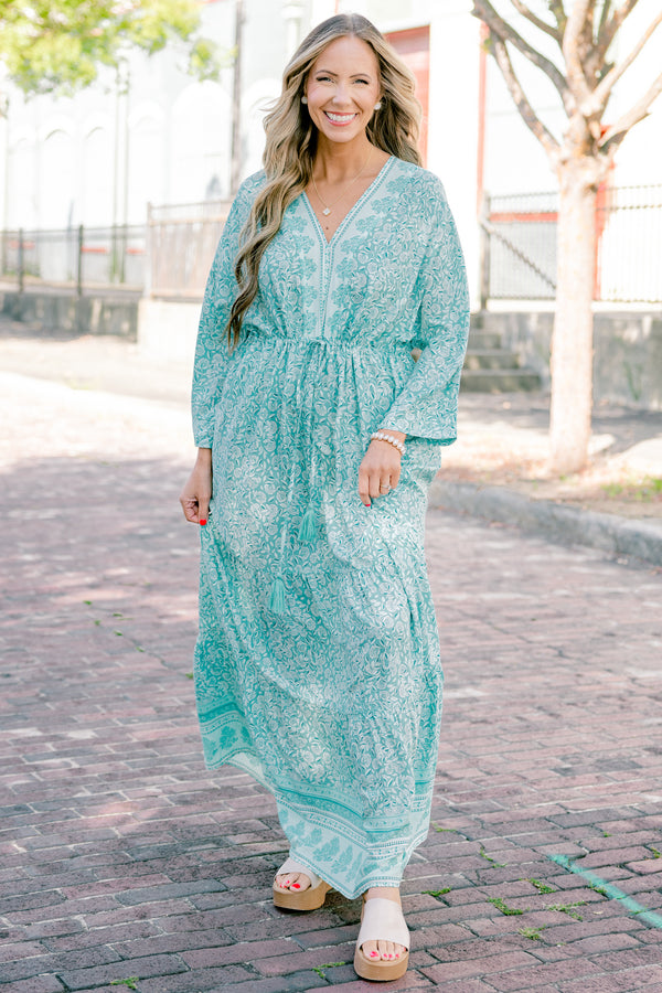 Chic Soul plus size clothing, long sleeve mint paisley print maxi dress with waist tie