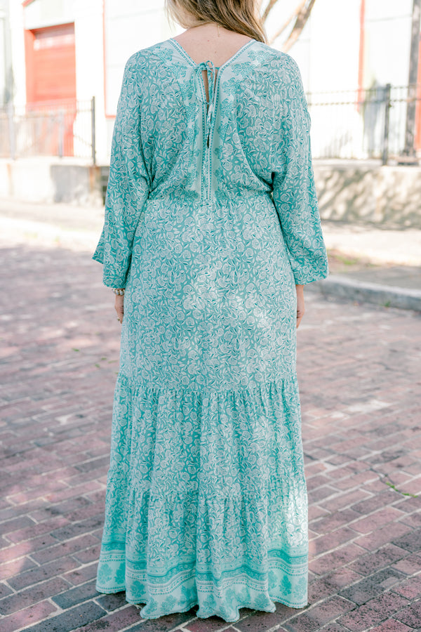 Chic Soul plus size clothing, long sleeve mint paisley print maxi dress with waist tie