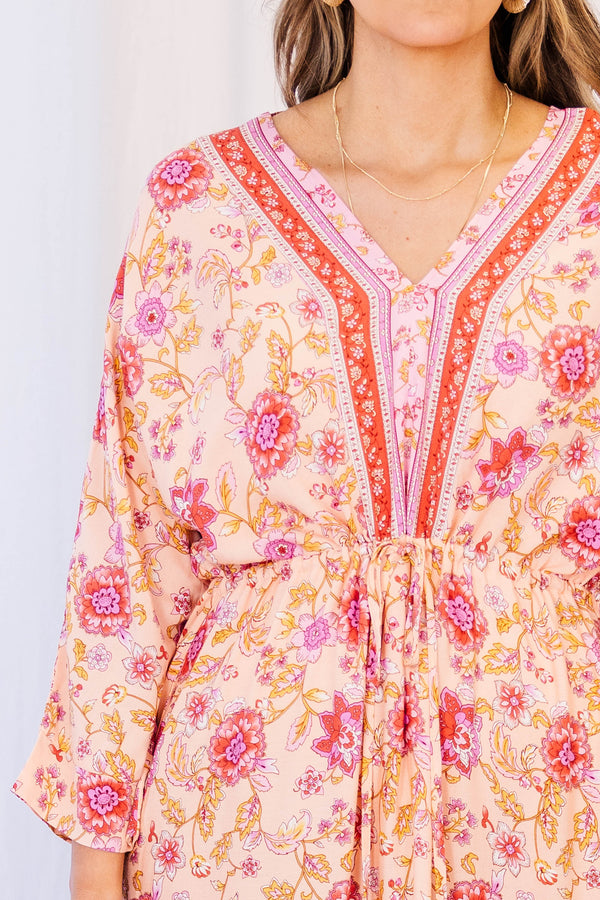 Chic Soul plus size clothing, pink long sleeve maxi dress with bohemian design and tie synched waist