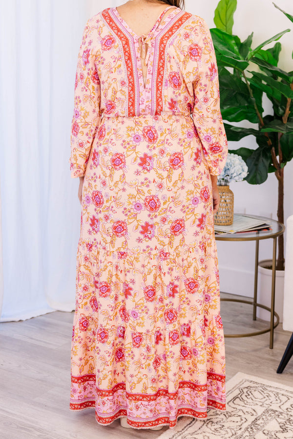 Chic Soul plus size clothing, pink long sleeve maxi dress with bohemian design and tie synched waist