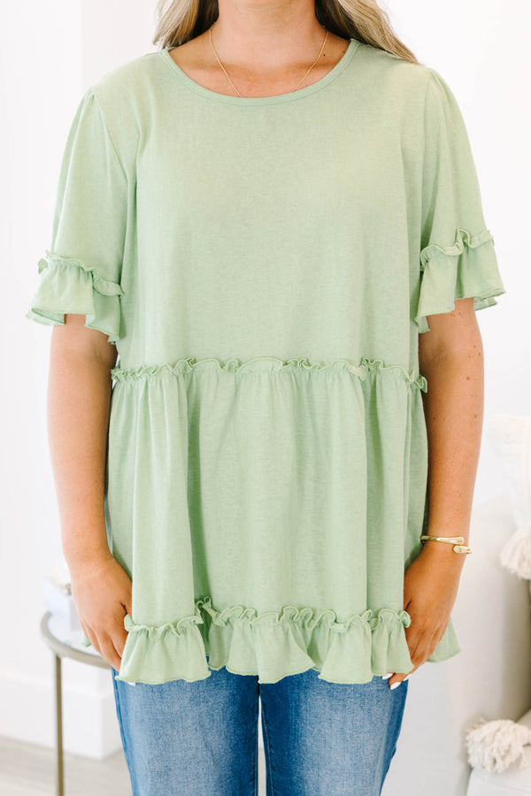 Chic Soul plus size clothing, short-sleeve light green babydoll top with distressed ruffled detailing 