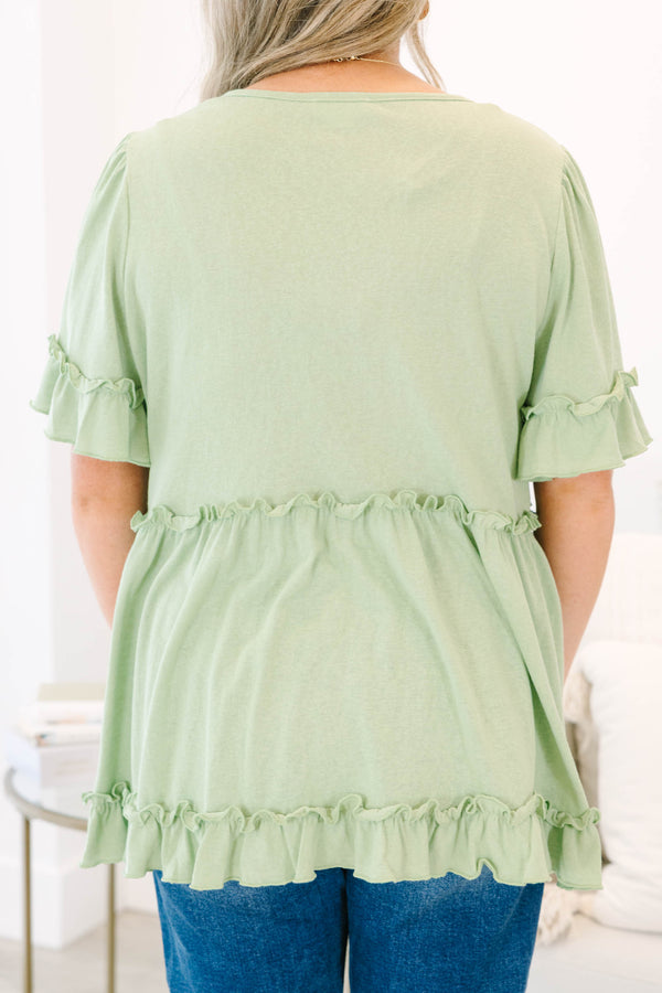Chic Soul plus size clothing, short-sleeve light green babydoll top with distressed ruffled detailing 