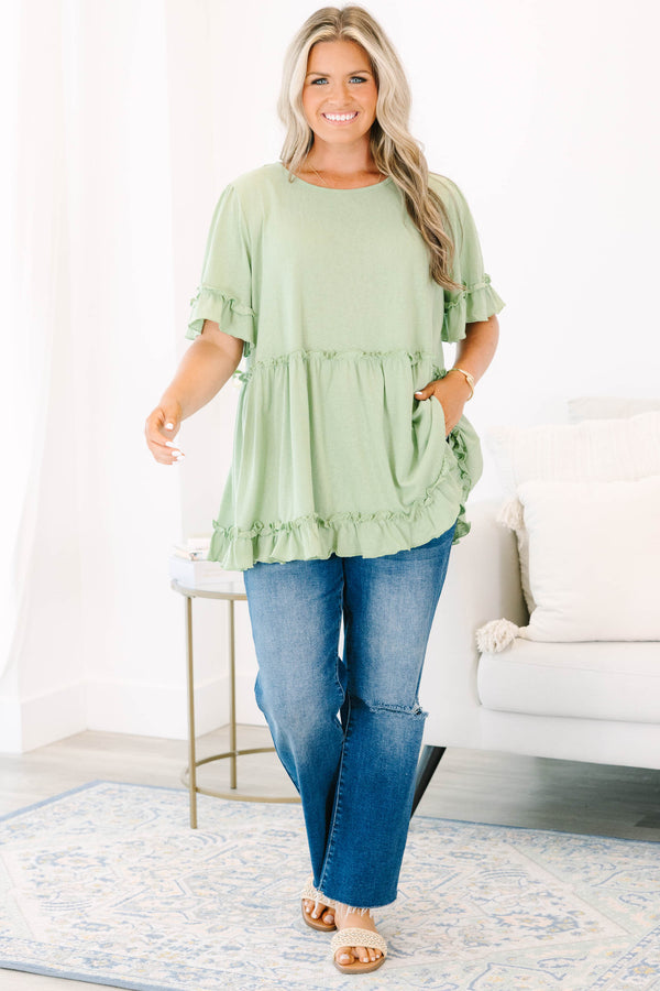 Chic Soul plus size clothing, short-sleeve light green babydoll top with distressed ruffled detailing 