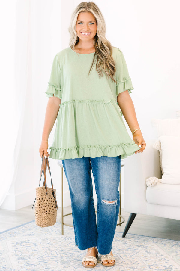 Chic Soul plus size clothing, short-sleeve light green babydoll top with distressed ruffled detailing 