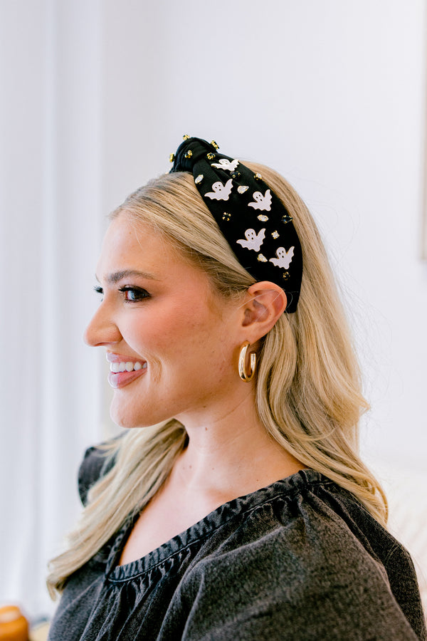 Chic Soul plus size clothing, black knotted headband with white ghosts and gold beads