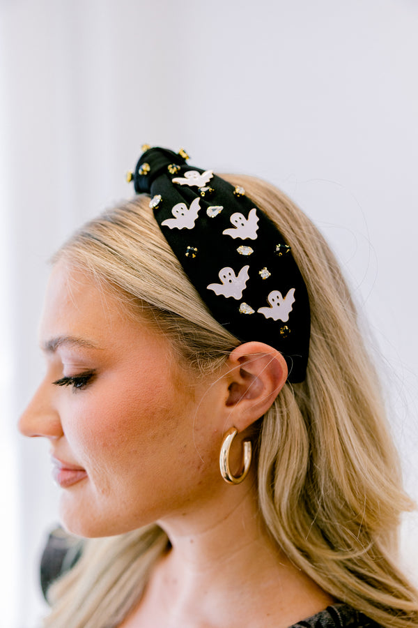 Chic Soul plus size clothing, black knotted headband with white ghosts and gold beads
