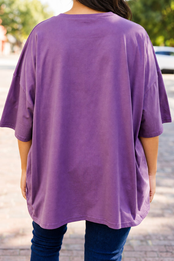 Chic Soul plus size clothing, lilac gray short sleeve boyfriend tee with round neckline and 