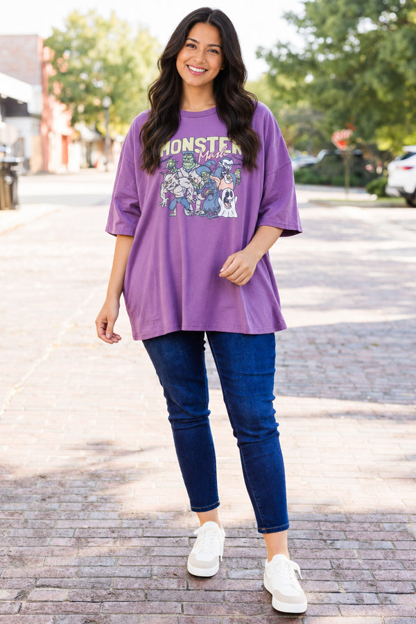 Chic Soul plus size clothing, lilac gray short sleeve boyfriend tee with round neckline and 