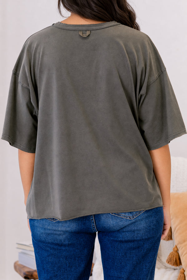 Chic Soul plus size clothing, dark grey oversized slightly cropped tee with 