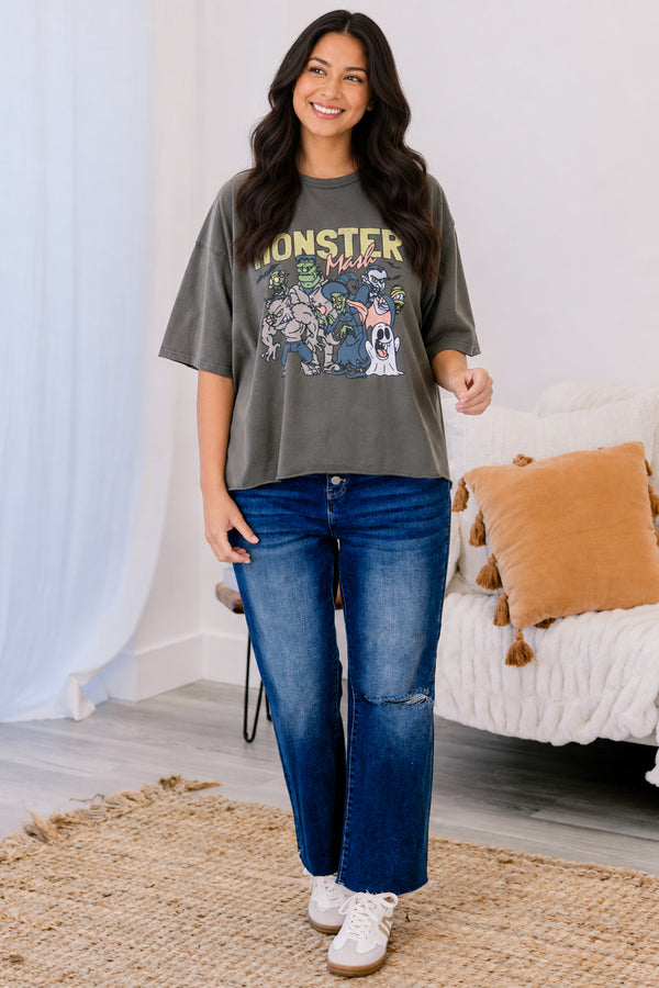 Chic Soul plus size clothing, dark grey oversized slightly cropped tee with 