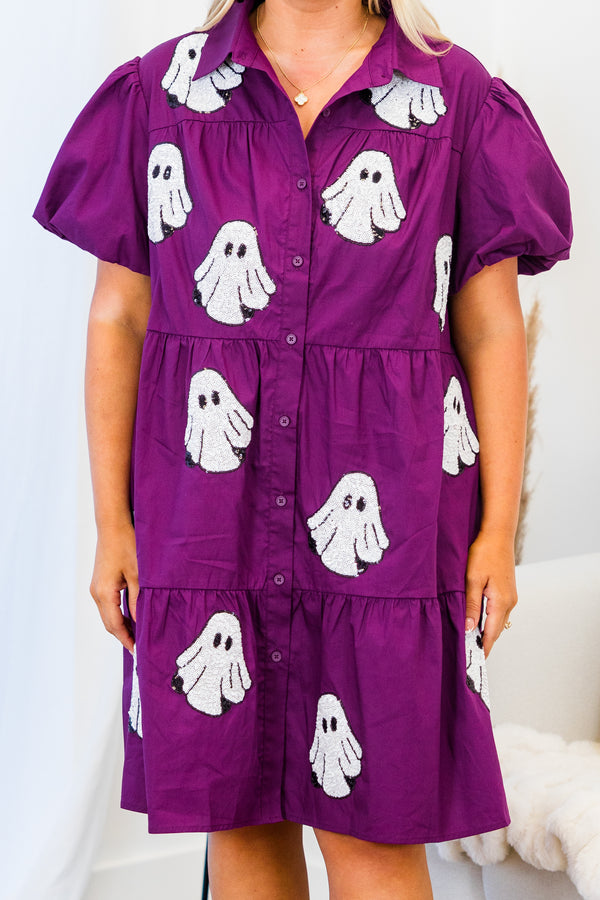 Chic Soul plus size clothing, purple short sleeve mini dress with button up and tiered detail with puff sleeves and sparkle ghost details 