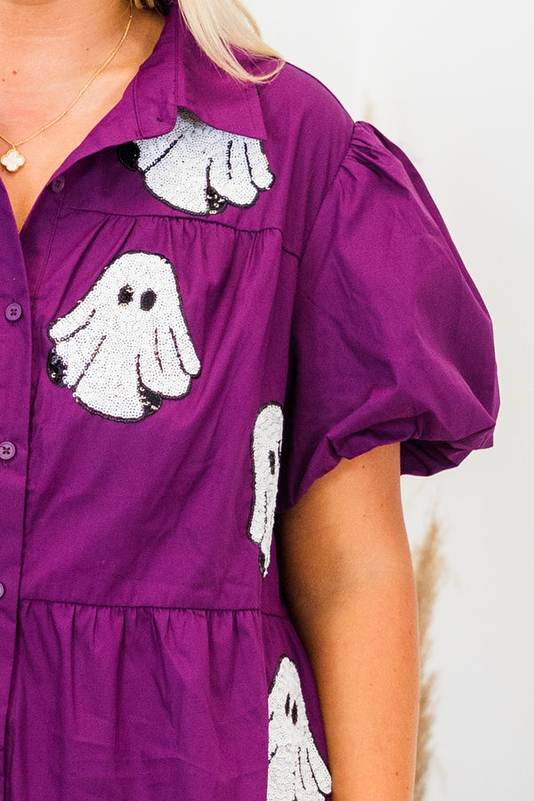 Chic Soul plus size clothing, purple short sleeve mini dress with button up and tiered detail with puff sleeves and sparkle ghost details 