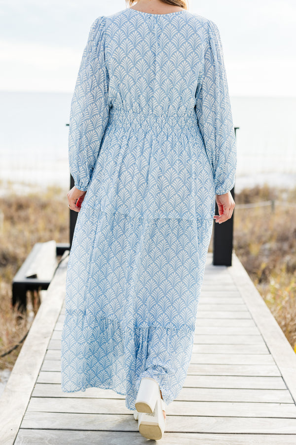 Chic Soul Plus size clothing, Blue long sleeve maxi dress with abstract pattern 