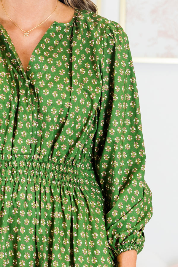 Chic Soul plus size clothing, puffed-quarter-sleeve green maxi dress with a smocked waistline and v-neckline with a small floral pattern