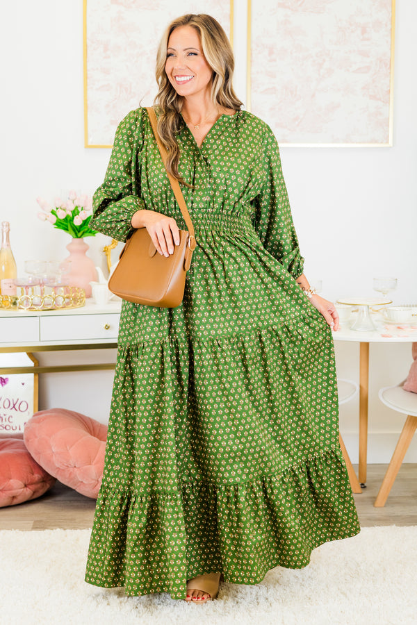 Chic Soul plus size clothing, puffed-quarter-sleeve green maxi dress with a smocked waistline and v-neckline with a small floral pattern