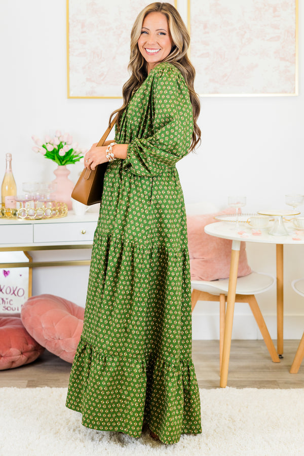 Chic Soul plus size clothing, puffed-quarter-sleeve green maxi dress with a smocked waistline and v-neckline with a small floral pattern