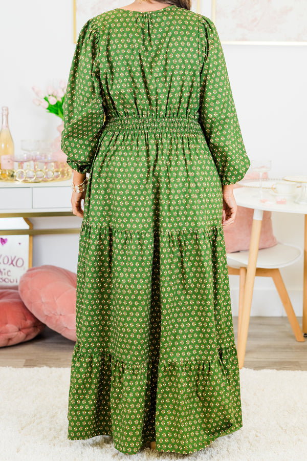 Chic Soul plus size clothing, puffed-quarter-sleeve green maxi dress with a smocked waistline and v-neckline with a small floral pattern