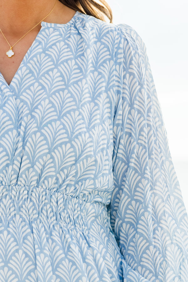 Chic Soul Plus size clothing, Blue long sleeve maxi dress with abstract pattern 