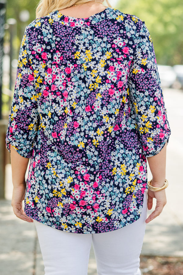 Chic Soul plus size clothing, navy blue button tab three-quarter sleeve shallow v-neck basic top with multicolored floral pattern