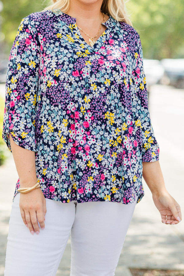 Chic Soul plus size clothing, navy blue button tab three-quarter sleeve shallow v-neck basic top with multicolored floral pattern