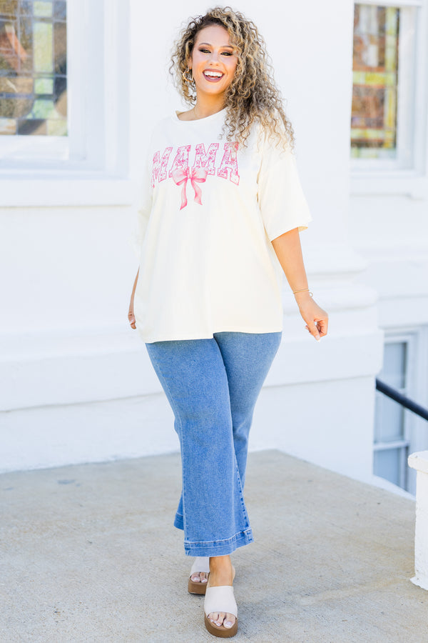 Chic Soul plus size clothing, short-sleeve ivory boyfriend tee with scoop-neckline and pink and white floral graphic lettering stating 