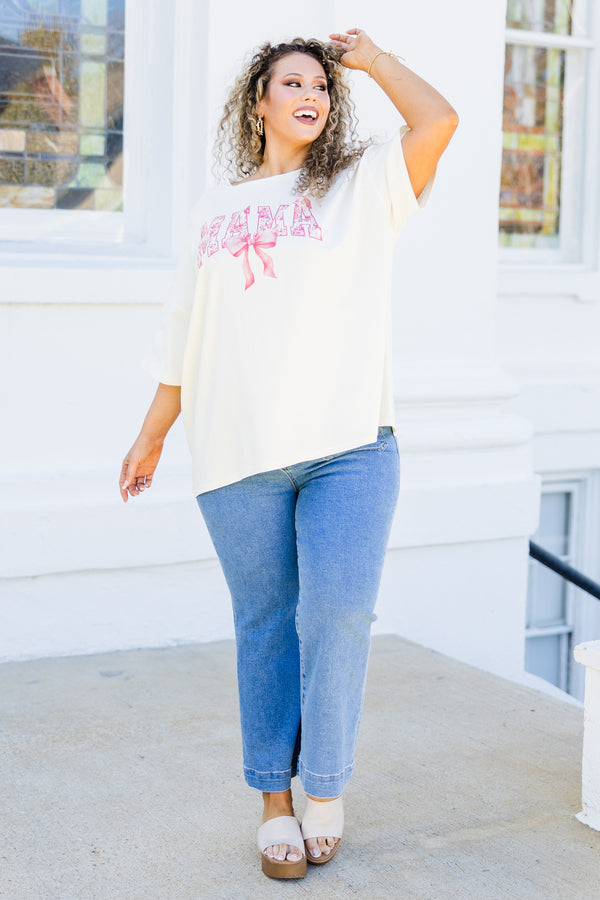 Chic Soul plus size clothing, short-sleeve ivory boyfriend tee with scoop-neckline and pink and white floral graphic lettering stating 