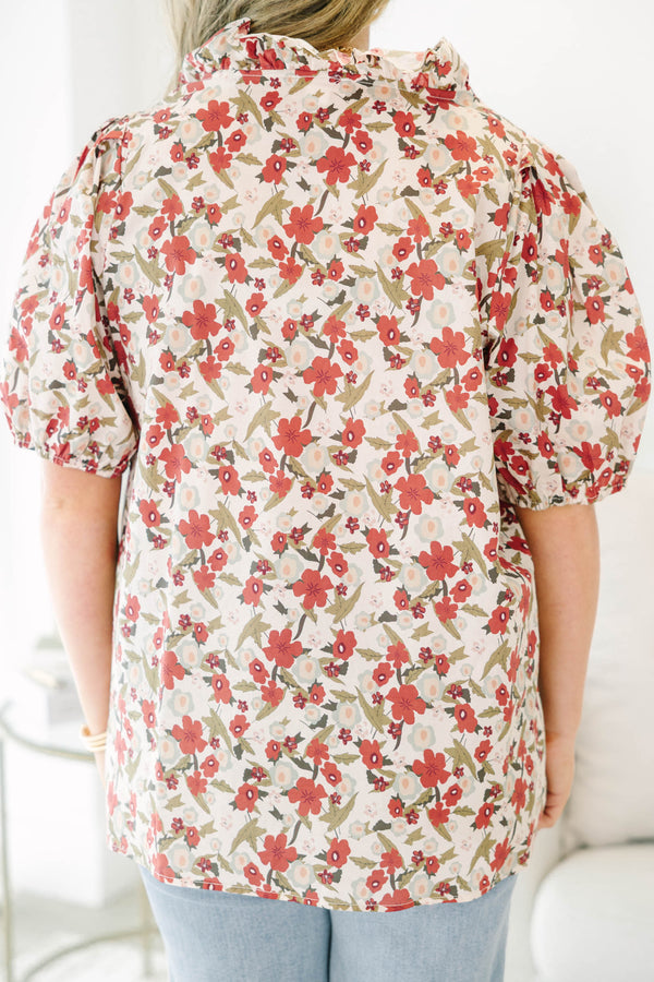 Plus Size red floral print top with a ruffled neckline, button-down front, and puff sleeves.