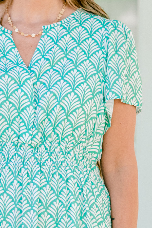 Chic Soul plus size clothing, turquoise abstract pattern empire waist maxi dress with short sleeves