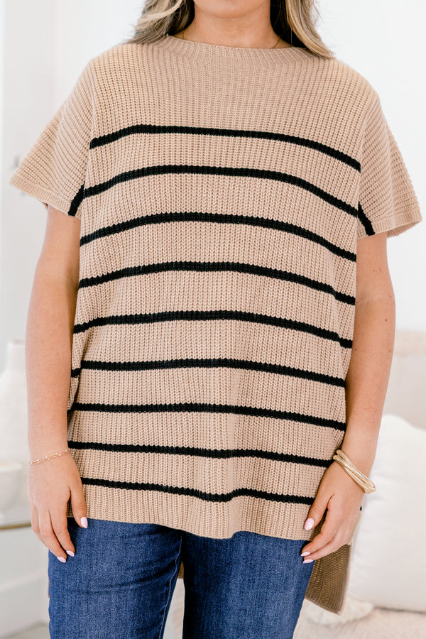 Chic Soul plus size clothing, khaki short sleeve sweater with black horizontal stripes 