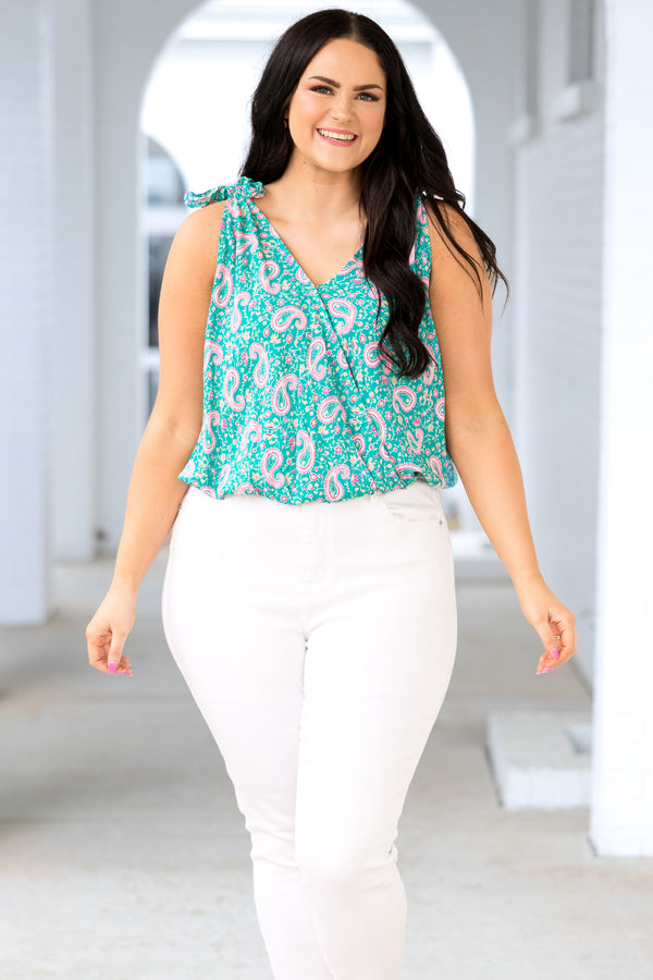 Plus Size teal and magenta paisley print sleeveless top with shoulder ties and a v-neckline.