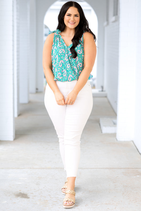 Plus Size teal and magenta paisley print sleeveless top with shoulder ties and a v-neckline.