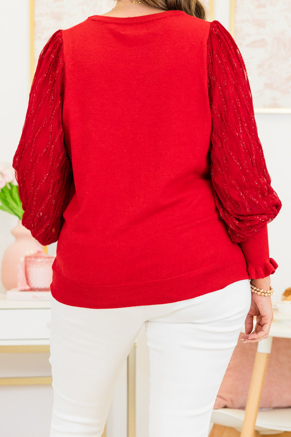 Chic Soul plus size clothing, red top with sequin balloon style sleeves and ruffle details on the cuff of the sleeve