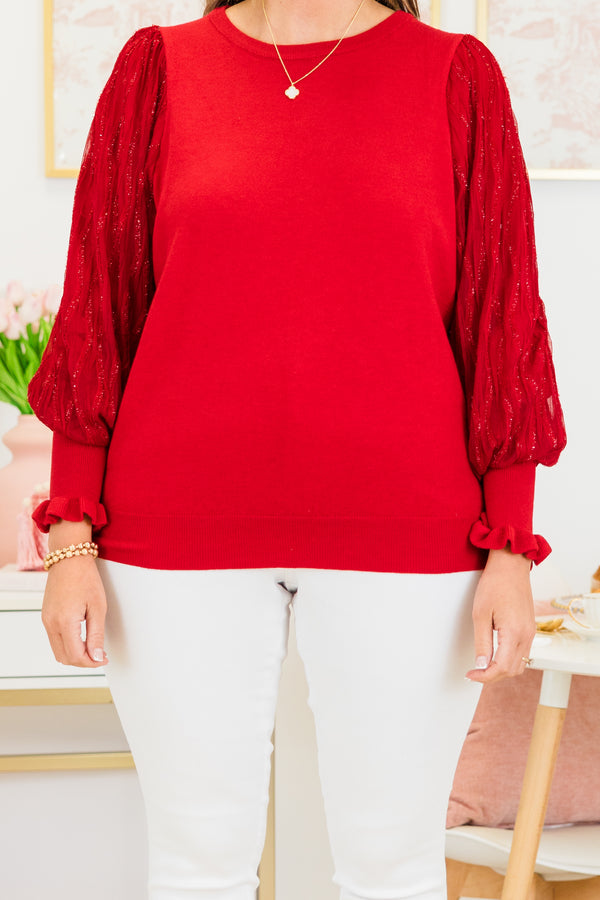 Chic Soul plus size clothing, red top with sequin balloon style sleeves and ruffle details on the cuff of the sleeve
