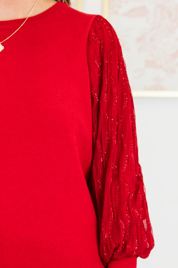 Chic Soul plus size clothing, red top with sequin balloon style sleeves and ruffle details on the cuff of the sleeve