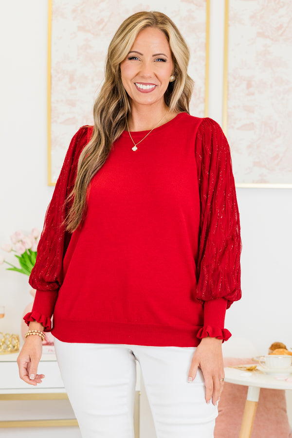 Chic Soul plus size clothing, red top with sequin balloon style sleeves and ruffle details on the cuff of the sleeve