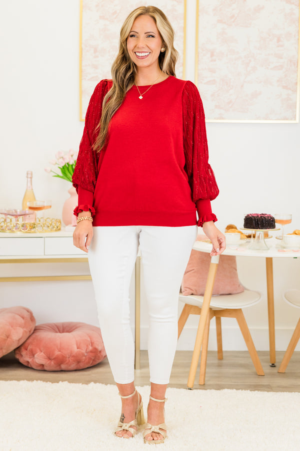 Chic Soul plus size clothing, red top with sequin balloon style sleeves and ruffle details on the cuff of the sleeve