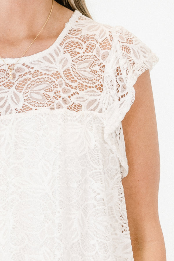 Chic Soul plus size clothing, white top with a lace overlay and flutter sleeves 