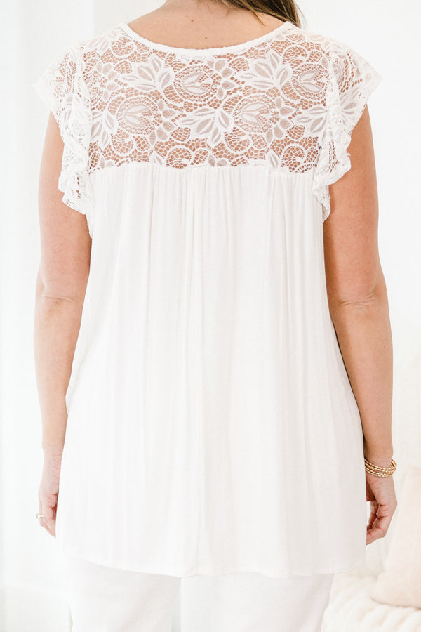 Chic Soul plus size clothing, white top with a lace overlay and flutter sleeves 