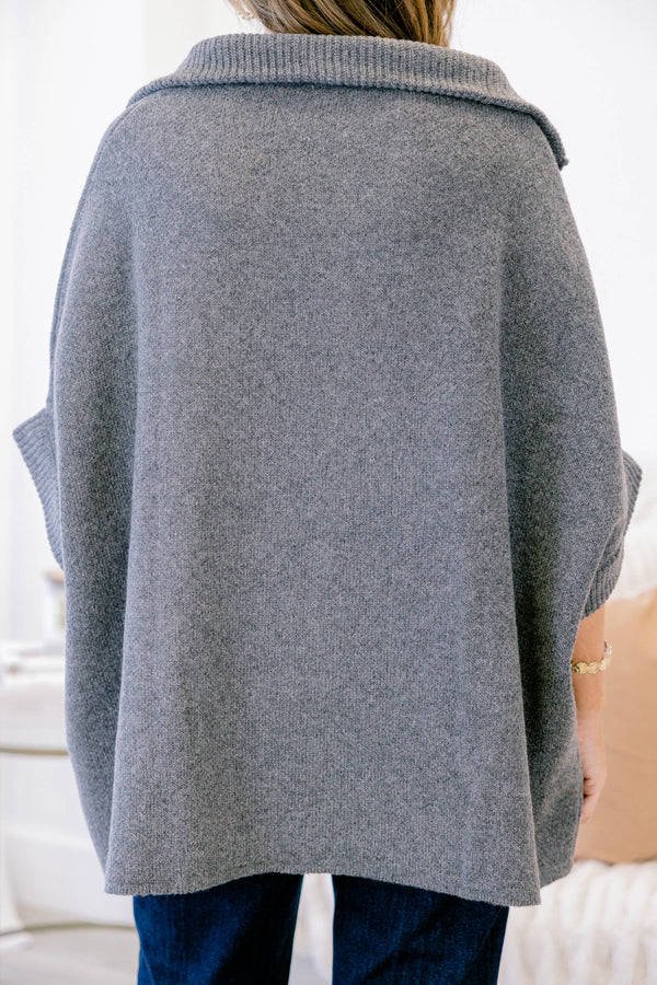 Chic Soul plus size clothing, grey short sleeve zip up sweater with two front pockets and dramatic collar