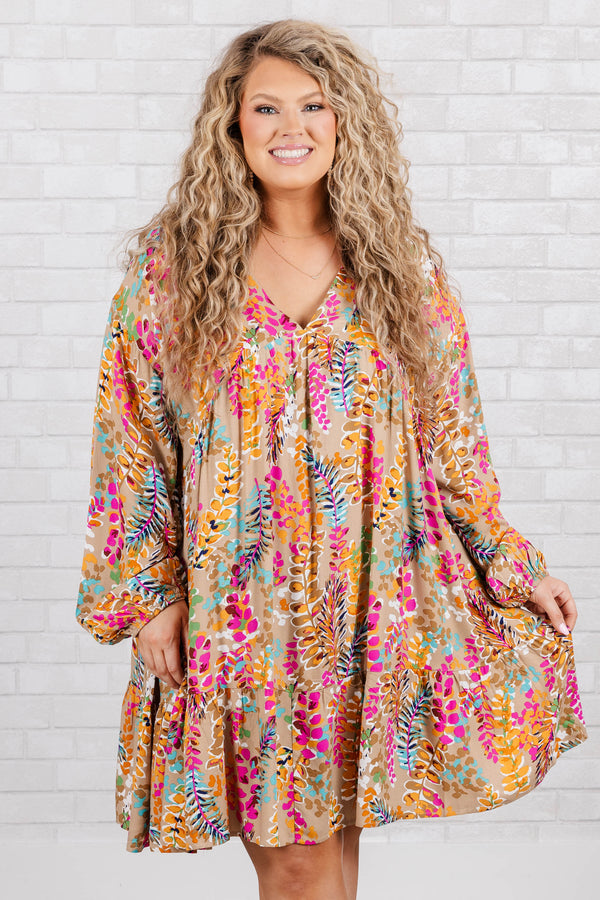 Chic Soul plus size clothing, taupe mini babydoll dress with multicolor floral design with v neck and puff sleeves