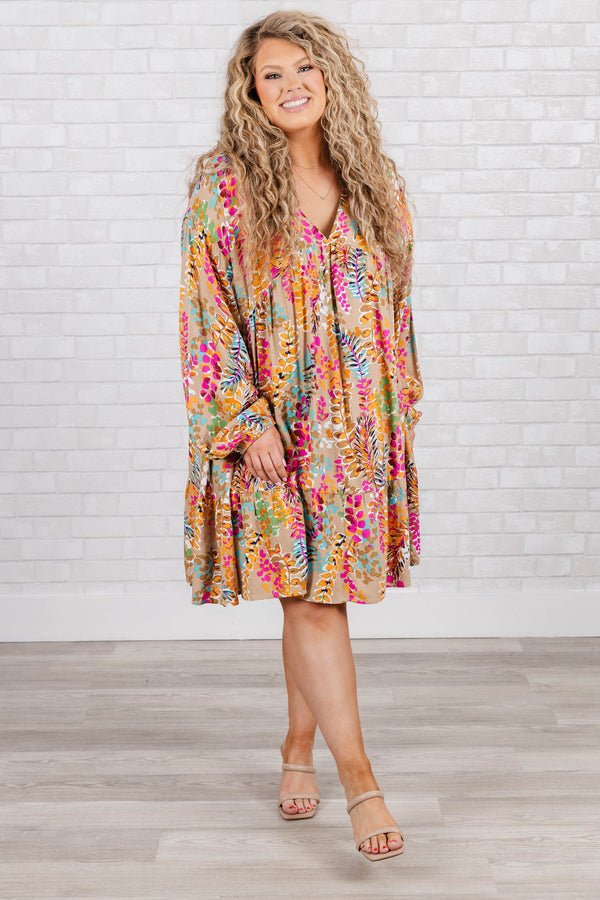 Chic Soul plus size clothing, taupe mini babydoll dress with multicolor floral design with v neck and puff sleeves
