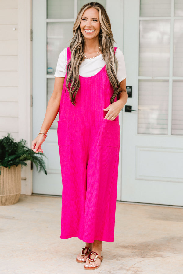 Chic Soul plus size clothing, fuchsia sleeveless jumpsuit with front pockets and a scooped neckline 
