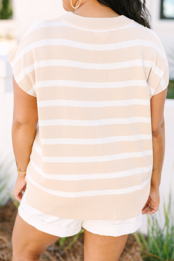 Chic Soul plus size clothing, light tan and white horizontal stripe short sleeve sweater